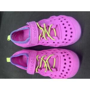 Kids Pink and Purple Crocs Water Shoes with Velcro Strap and Neon Laces